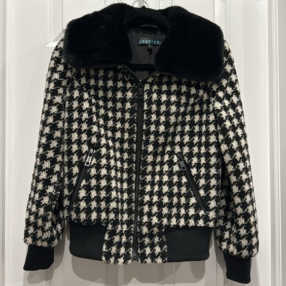 Jocelyn Sherpa faux fur bomber jacket houndstooth with collar size small black - Picture 3 of 9